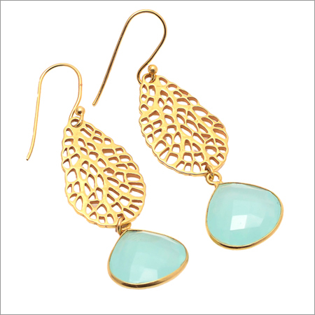 Aqua Chalcedony Gemstone Designer Earring - 925 Sterling Silver, 2 Micron Vermeil, Faceted Pear Shape, Aqua Green Elegance
