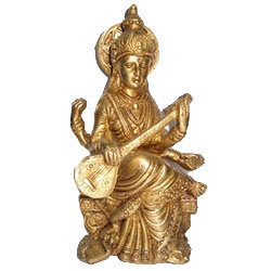 Saraswati Maa Idol - Brass, Polished Finish, Golden Color | Modern Antique Imitation Design, Perfect Business Gift