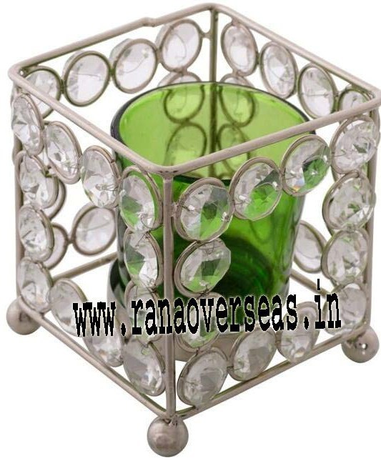 Diamond Glass Votives T-Light Holder - Glass, Square Shape, Green Color | Captivating Engravings, Eye-Catching Decorative Lighting