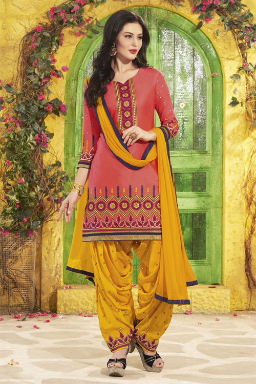 Pink And Yellow Pure Cotton Patiala Suit