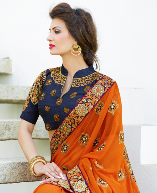 Orange And Navy Blue Bollywood Designer Saree
