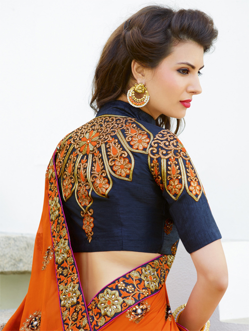 Orange And Navy Blue Bollywood Designer Saree