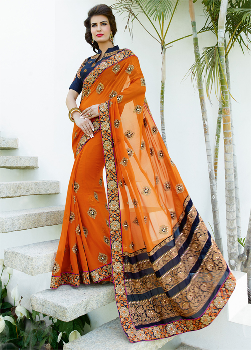 Orange And Navy Blue Bollywood Designer Saree