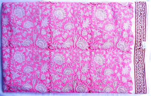 5 YARD HAND BLOCK PRINT 100% COTTON FABRIC PINK DYED FLORAL DESIGN