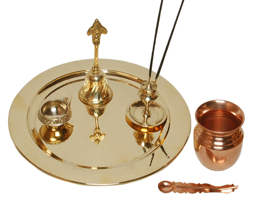 Brass Puja Thaali With Copper Puja Kalash