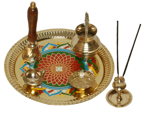 सुंदर पीतल की रंगोली पूजा थाली सेट, बार्स पूजा आइटम