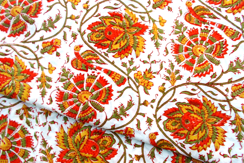 5 गज ऑरेंज फ्लोरल हैंड ब्लॉक प्रिंटेड हैंडमेड 100% कॉटन फैब्रिक