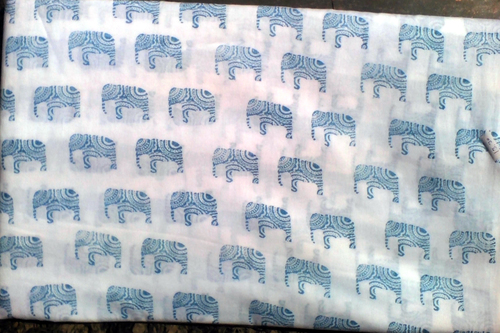 5 YARD HAND BLOCK PRINT 100% COTTON FABRIC SMALL BLUE ELEPHANT DESIGN