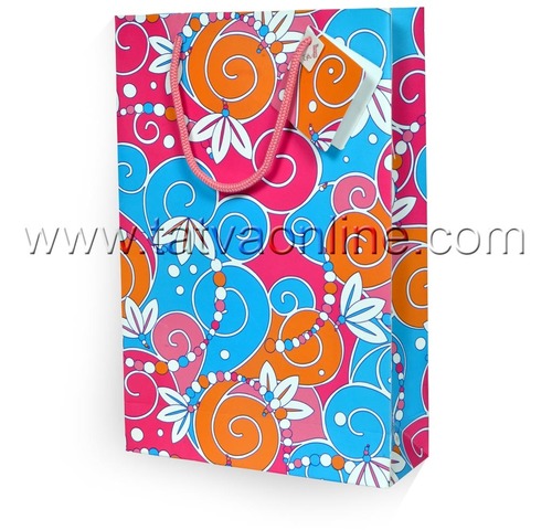 Premium Printed Gift Bag - 17x12x4.5 Inches | Pink and Sky Blue Hearts Design, Patch Handle, Matt Laminated Quality