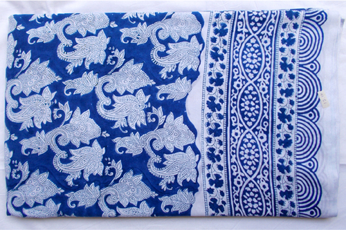 New White & Blue Paisley Hand Block Printed Cotton Fabric