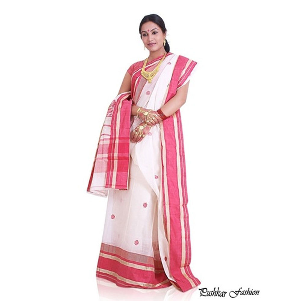 White Bangali Sarii - Cotton, Free Size, 6 Meter Length | White Red Printed Design, Attractive Look, Long Lasting Sheen