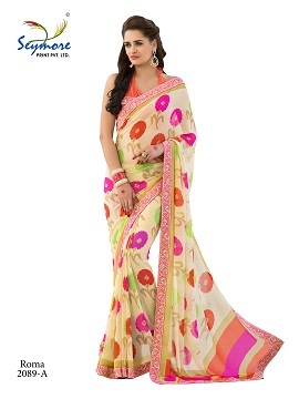 Georgette Saree - Multi Color, Bollywood Style Fabric with Elegant Brocade Design