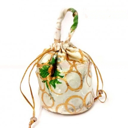 Potli Bag - White With Golden Flower Print Small