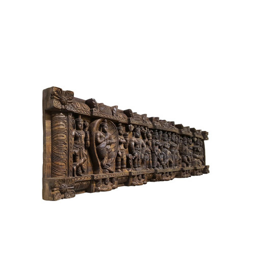 Carved Wood Panel With Antique Finish - Krishna In Various Forms