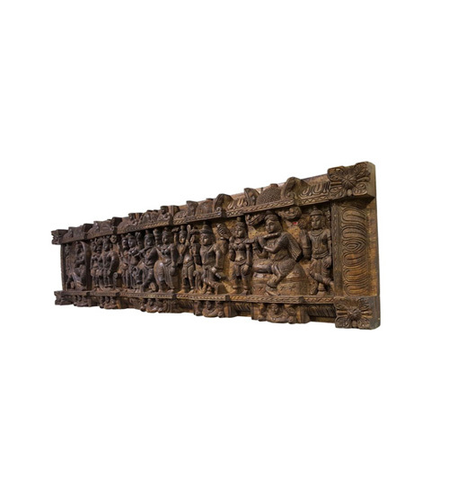 Carved Wood Panel With Antique Finish - Krishna In Various Forms