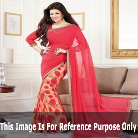 पॉली जॉर्जेट गुलाबी पीच साड़ी