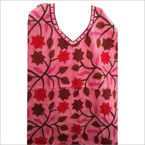 Ladies Katha Stitch Kurti - Cotton Material, Pink Printed Design | Simple Style with Lace Decoration