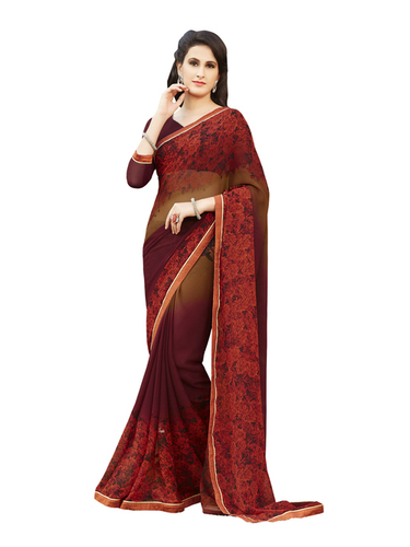 Designer Printed Georgette Saree - Georgette Fabric with Blouse Piece, Multi Color, Brocade Material, Bollywood Style