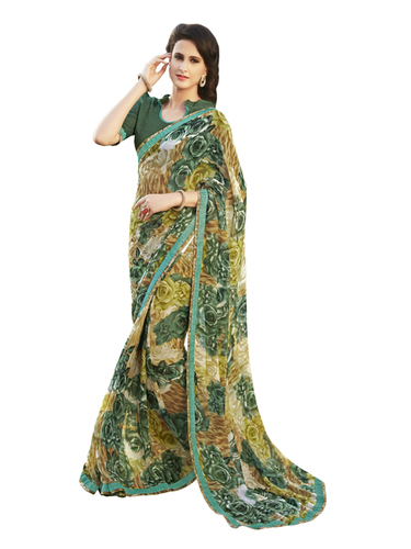 Designer Printed Georgette Saree - Multi Color With Blouse Piece | Bollywood Style, Luxurious Georgette Fabric