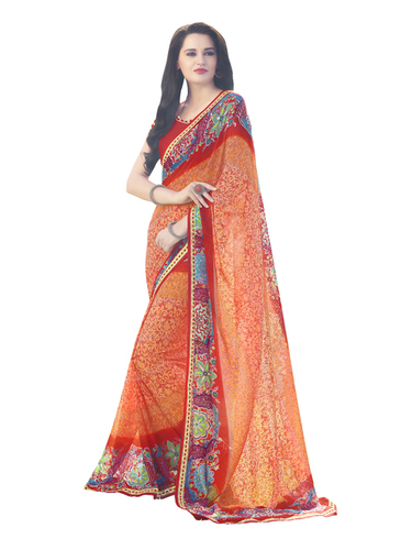 Designer Printed Georgette Saree - Georgette Material, Multi Color, Blouse Piece | Bollywood Style with Elegant Brocade Finish