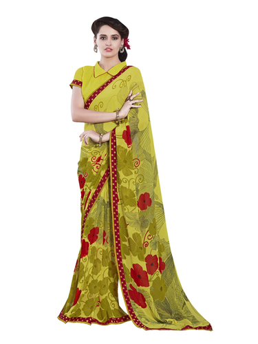 Designer Printed Georgette Saree - Georgette Fabric, Multi Color with Blouse Piece | Bollywood Style, Elegant Brocade Texture