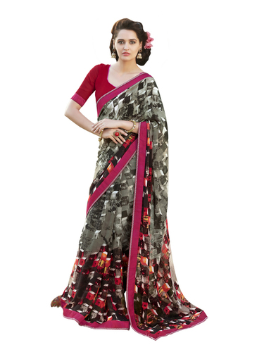 Designer Printed Georgette Saree - Georgette, Multi Color - Bollywood Style with Blouse Piece