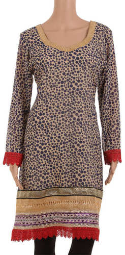 Beige & Blue Animal Print Designer Kurta