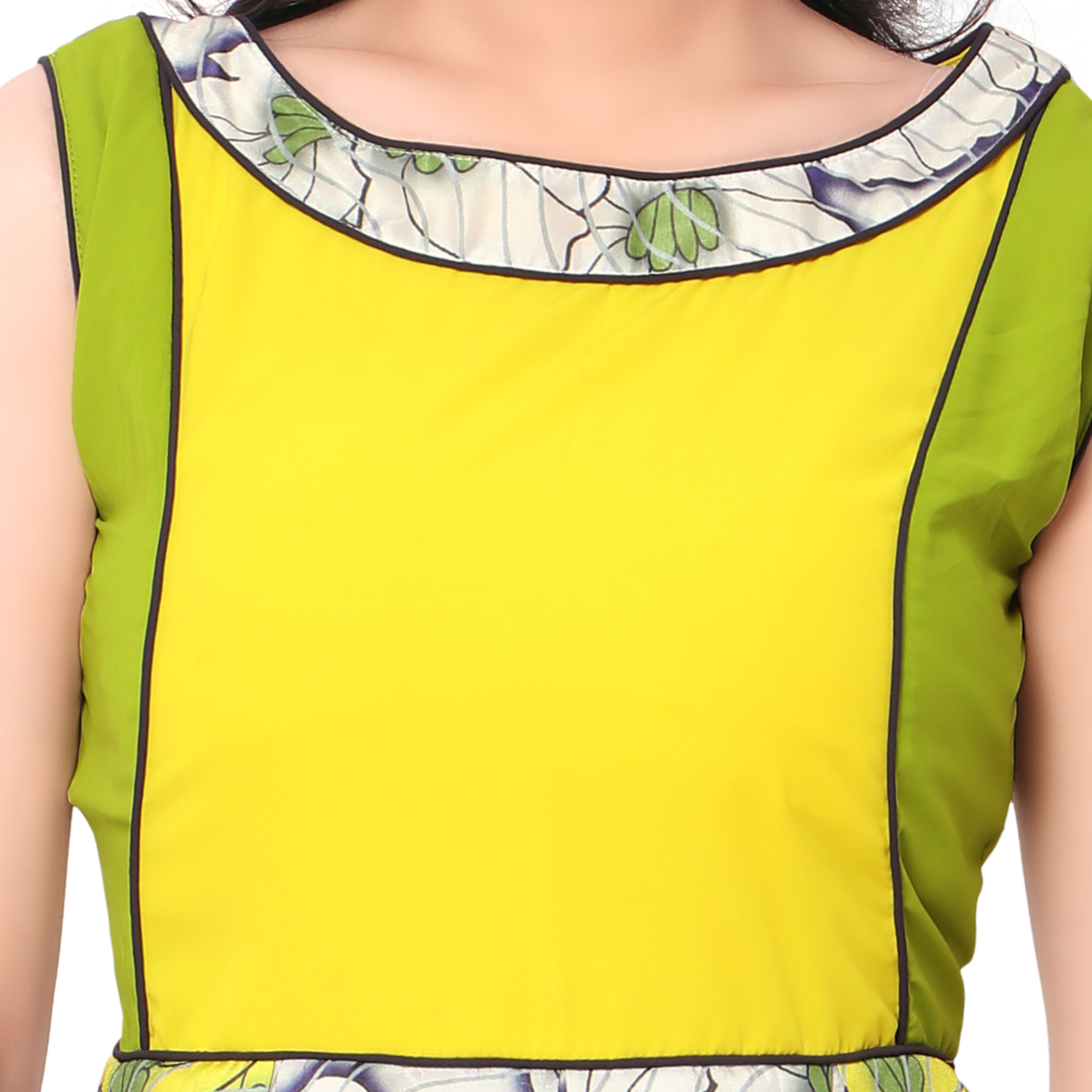 Designer Exclusive Ethnic Gown - Digital Print Nature Crepe, Xl Size With Patch Border Work, Yellow And Green Colors, Sleeveless Design For All Seasons