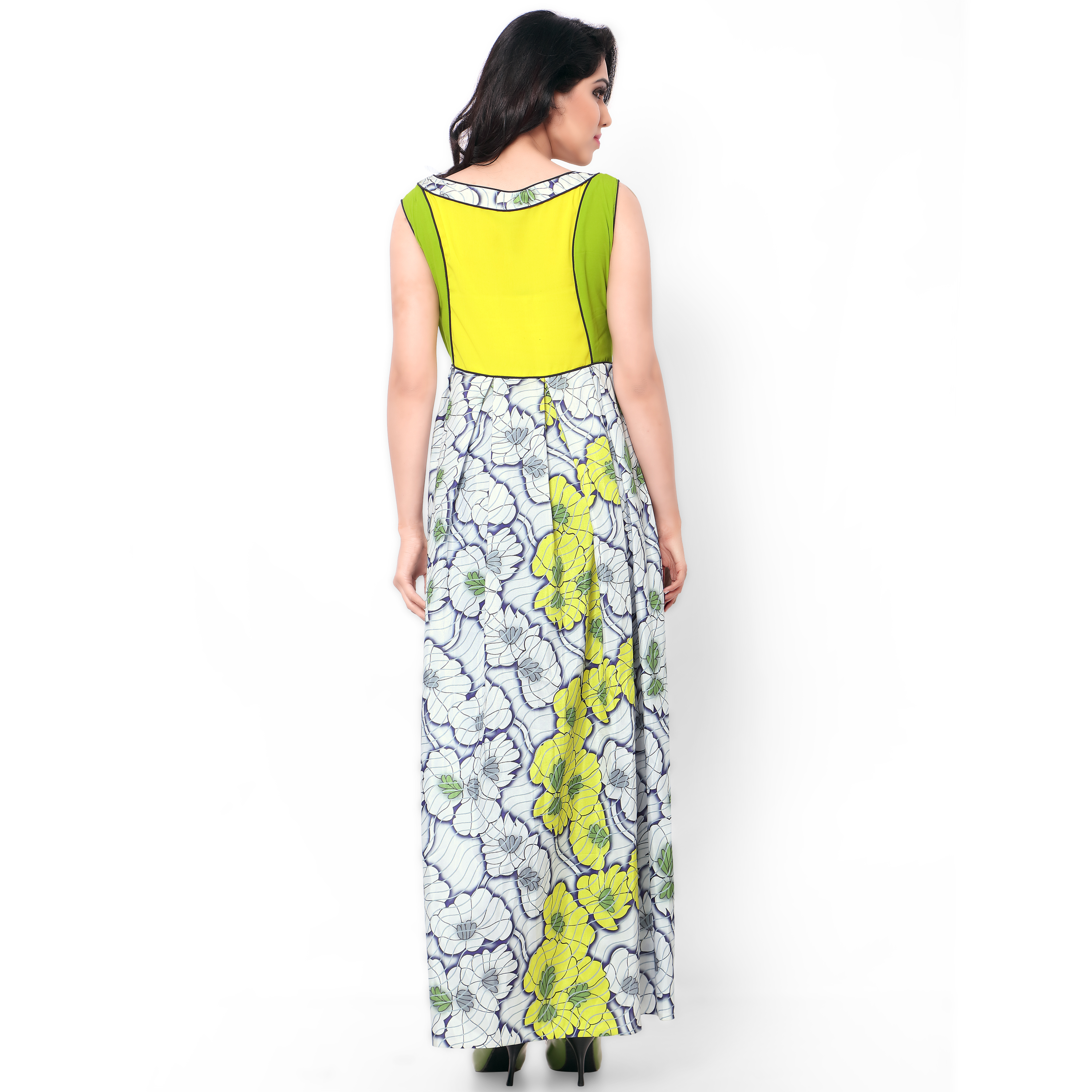 Designer Exclusive Ethnic Gown - Digital Print Nature Crepe, Xl Size With Patch Border Work, Yellow And Green Colors, Sleeveless Design For All Seasons