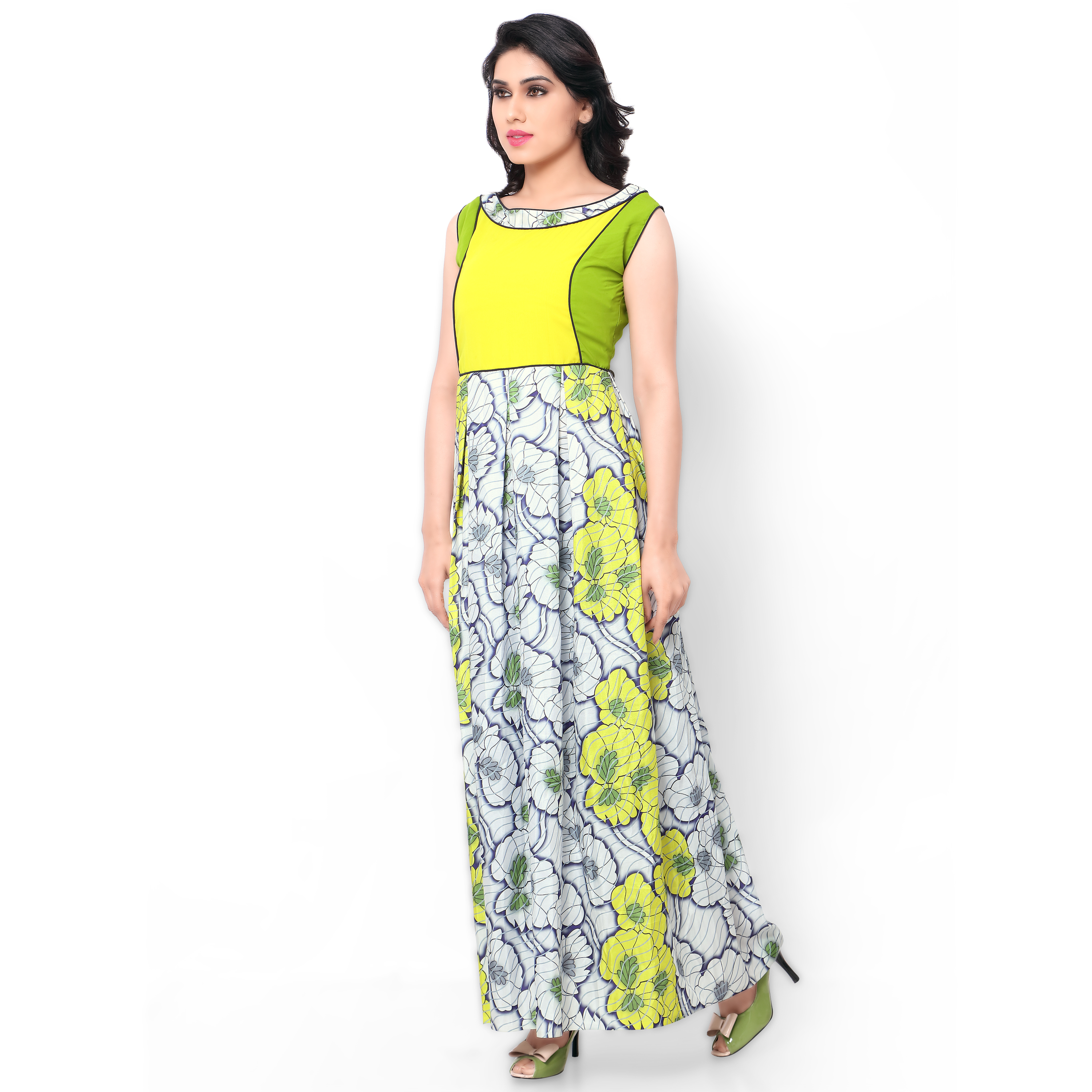 Designer Exclusive Ethnic Gown - Digital Print Nature Crepe, Xl Size With Patch Border Work, Yellow And Green Colors, Sleeveless Design For All Seasons
