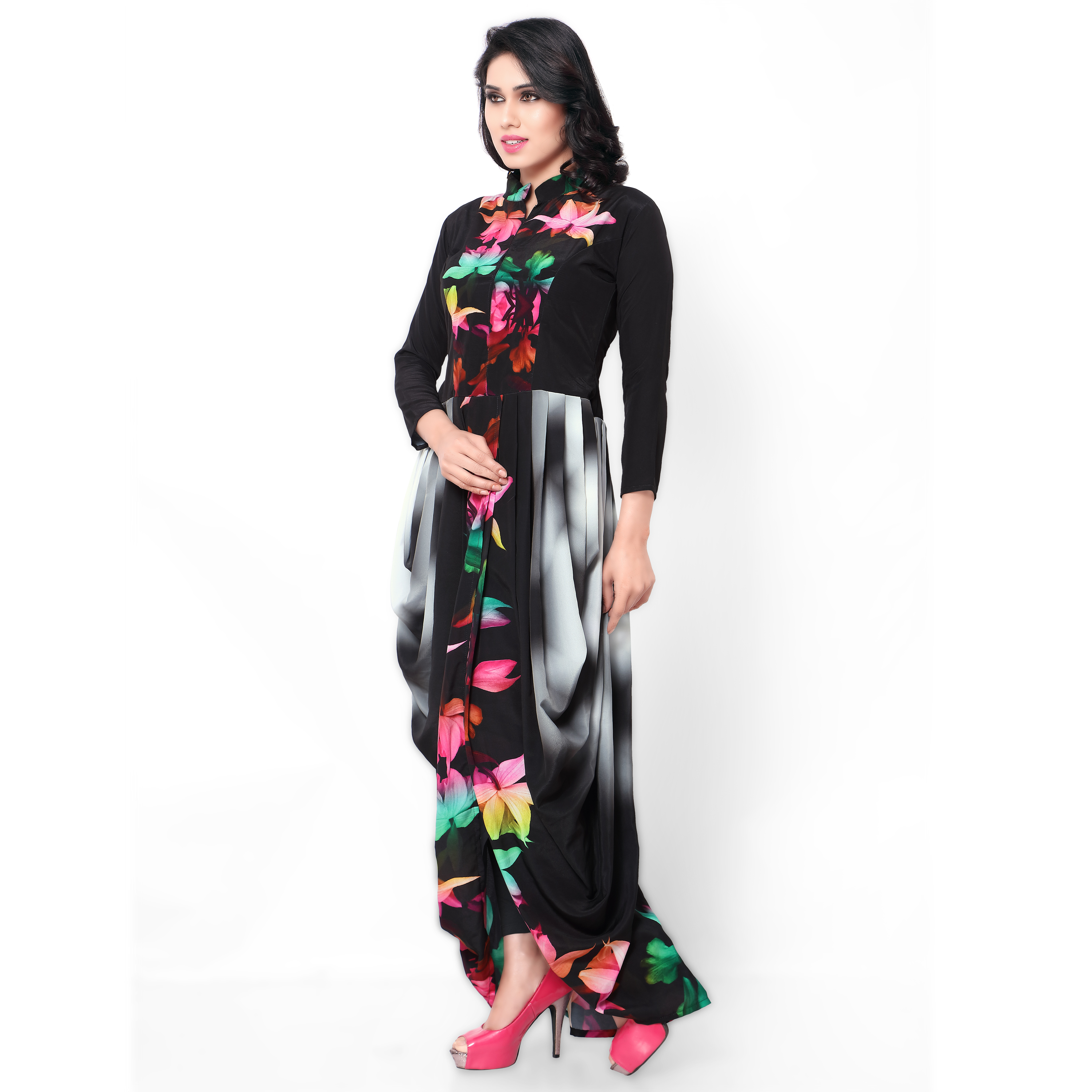 Exclusive Gown Designer - Digital Print Fabric Nature Crepe, Size Xl, Black, Formal Sleeveless Dress With Patch Border Work | Suitable For All Seasons