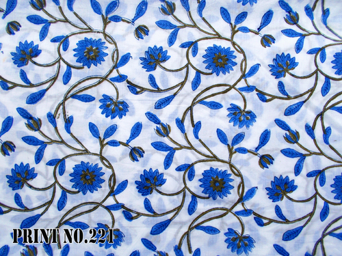 5 Yard Hand Block Print 100% Cotton Fabric Big Blue Floral Jaal Design