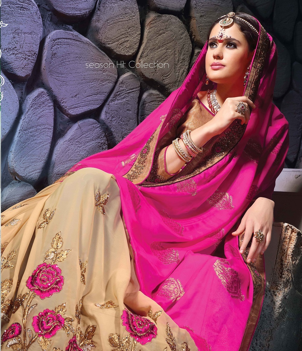 Pink And Beige Fancy Designer Stylish Multi Embroidered With Heavy Border Saree