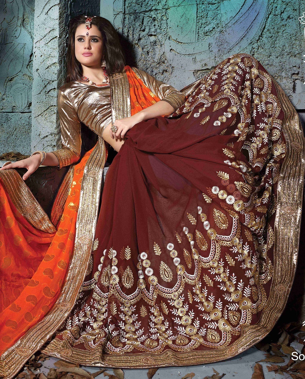 Fancy Designer Stylish Multi Embroidered With Heavy Border Saree - Viscose Pallu, 5.50 Meters, Orange And Maroon, Embroidered | Bollywood Style, Unstitched Party Wear, Dry Clean Only