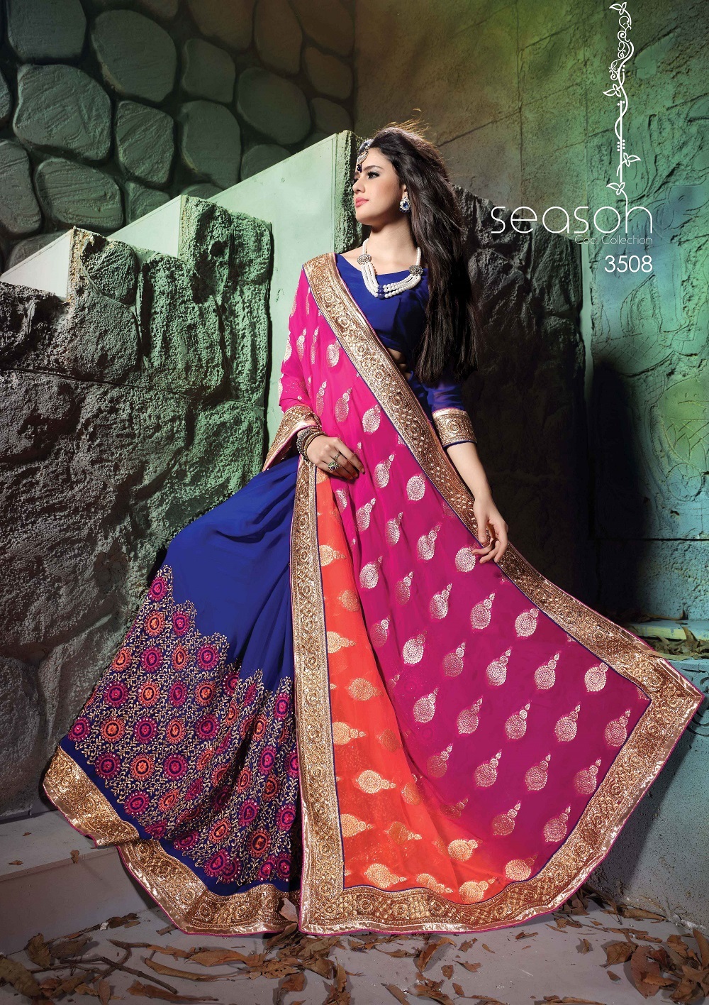 Red And Blue Fancy Designer Stylish Multi Embroidered With Heavy Border Saree