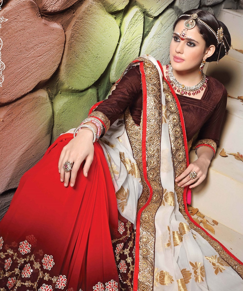 Fancy Party Wear Saree - Viscose Pallu, Georgette Body, 5.50 Meter Length | White And Red, Multi-embroidered Design With Heavy Border, Unstitched, Suitable For All Seasons