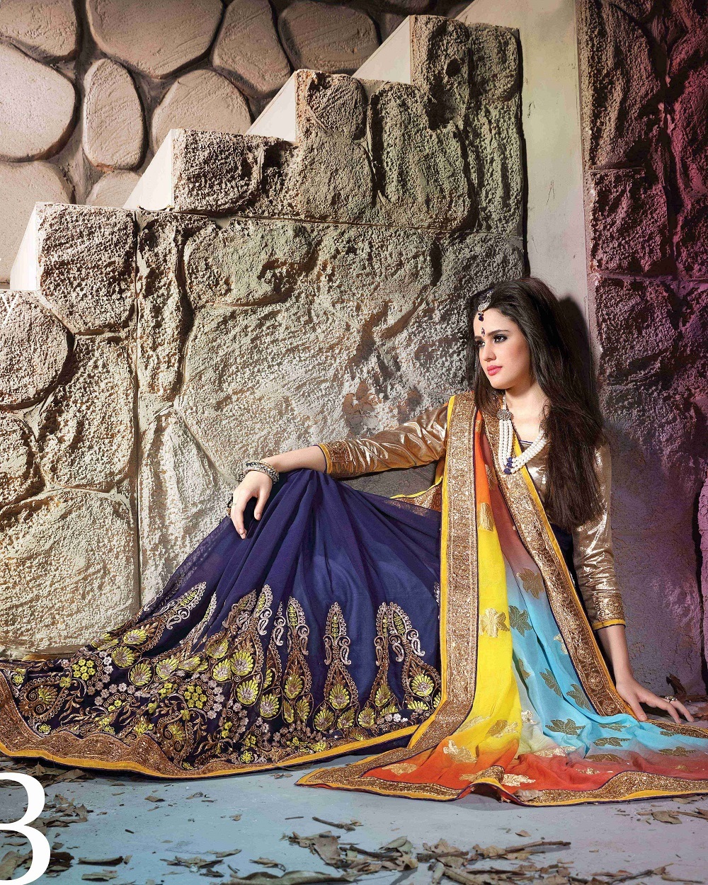 Fancy Designer Stylish Multi Embroidered With Heavy Border Saree - Viscose Pallu, Georgette Body, Blouse With Gota, 5.5 Meter In Blue And Orange, Bollywood Style