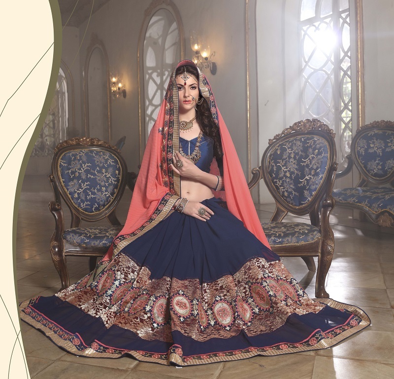 Fancy Georgette Party Wear Saree - 5.50 Meter With 0.75 Meter Bangalori Silk Blouse, Peach And Blue Embroidered Pattern, Bollywood Style, Multi-color Fancy Emb Net Patta With Heavy Border