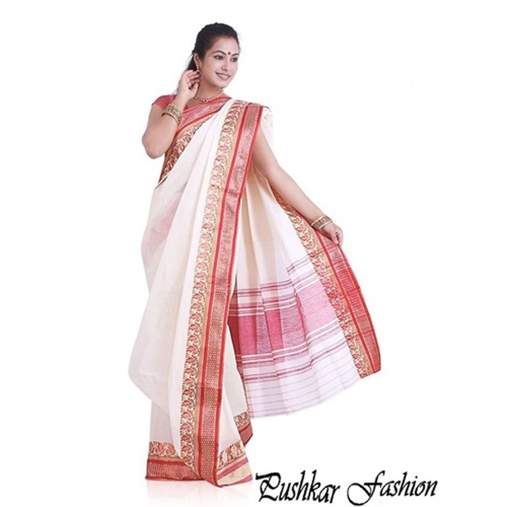 White Bangla Sarii - Cotton Fabric, Size L | White and Pink Sets, Perfect for All Seasons