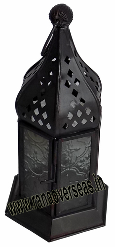 Iron Lantern - Iron & Glass, Black Color, Antique Imitation & Folk Art Style, Plated & Polished Finish, Ideal for Outdoor Decoration