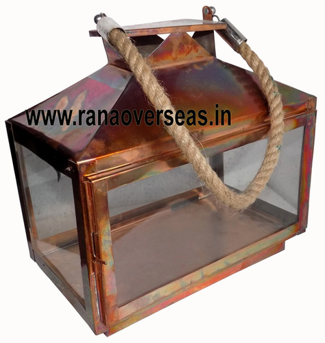 Iron Lantern - Iron and Glass, 1.5-2 Kilograms Weight | Brown Color, Folk Art and Nautical Style, Plated and Polished Finish