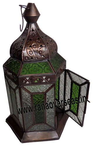 Iron Metal Lantern - Iron & Glass, Brown Color, 1.5-2 kg Weight | Antique Imitation, Folk Art, Nautical, Religious Style, Plated & Polished Finish