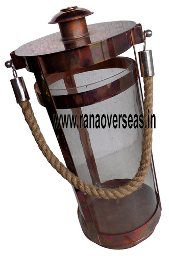 Iron Metal Lantern - Iron and Glass, 1.5-2 Kilograms Weight | Antique Imitation, Folk Art, Nautical Style, Copper Brown Color