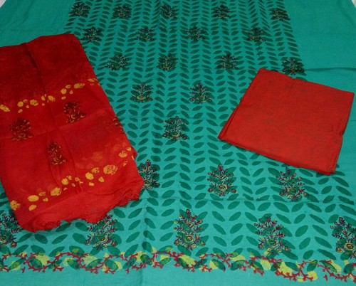 Patri Print Applique Suit - Cotton, All Sizes, Green & Red Printed Fabric | Quick Dry, Washable, Suitable for All Seasons
