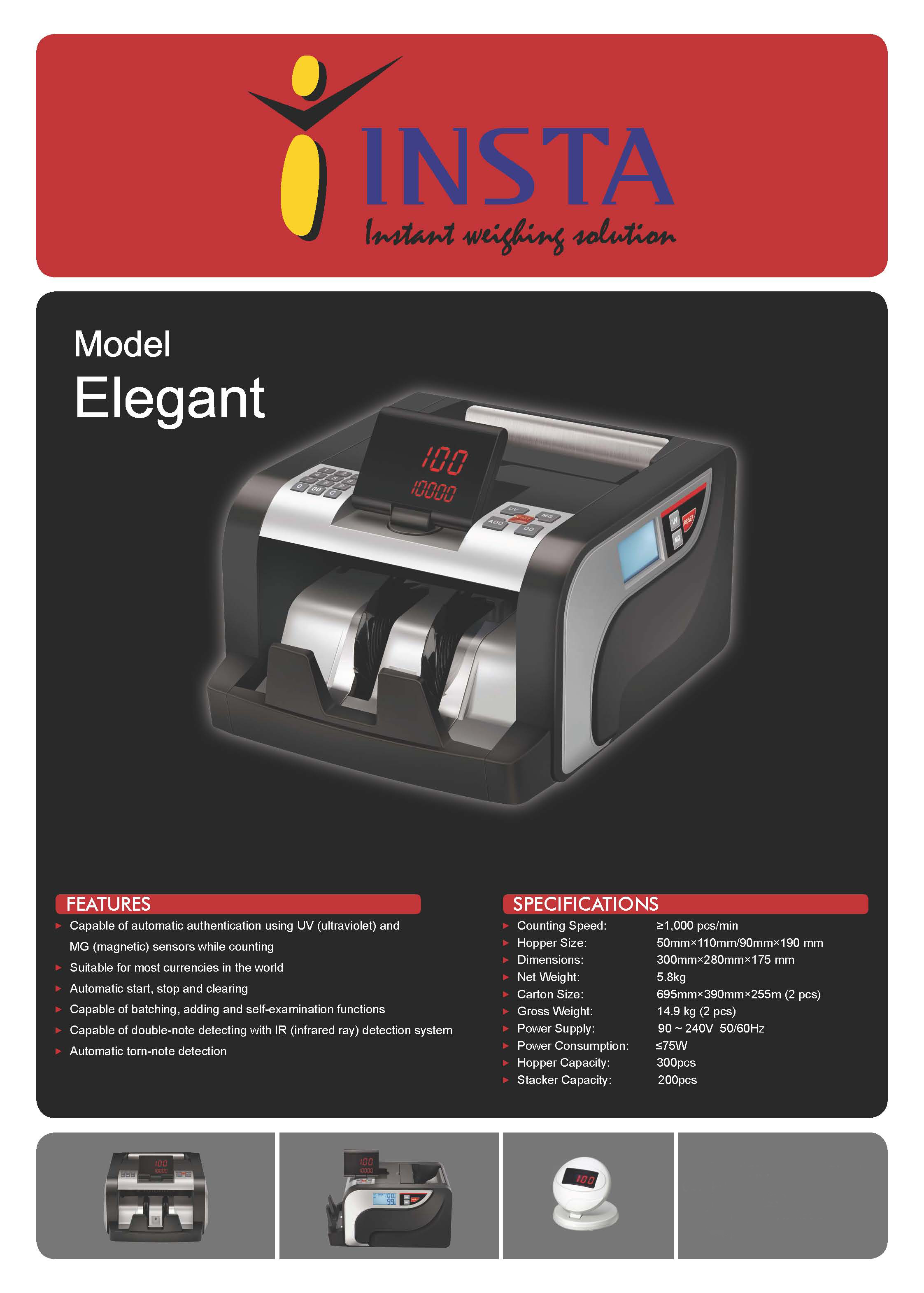 Insta Elegant Model Bank Note Counting Machine - Cold Rolled Sheet, 5 Kilograms | 1000 Pieces/min Speed, 200 Pieces Stacker Capacity, Fake Note Detector, 360° Rotating Lcd Display, User-friendly Design