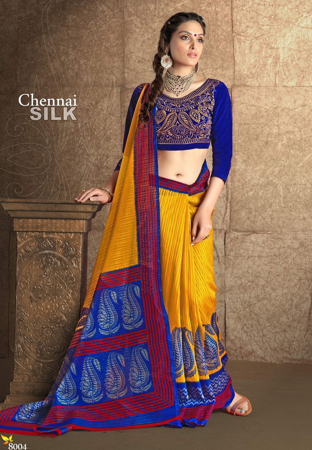 Fancy Latest Traditional Designer Printed Saniya Patti Saree - Silk, 5.70 Meter (Saree), 0.75 Meter (Blouse) | Yellow & Blue, All Season Wear With Patch Border Work