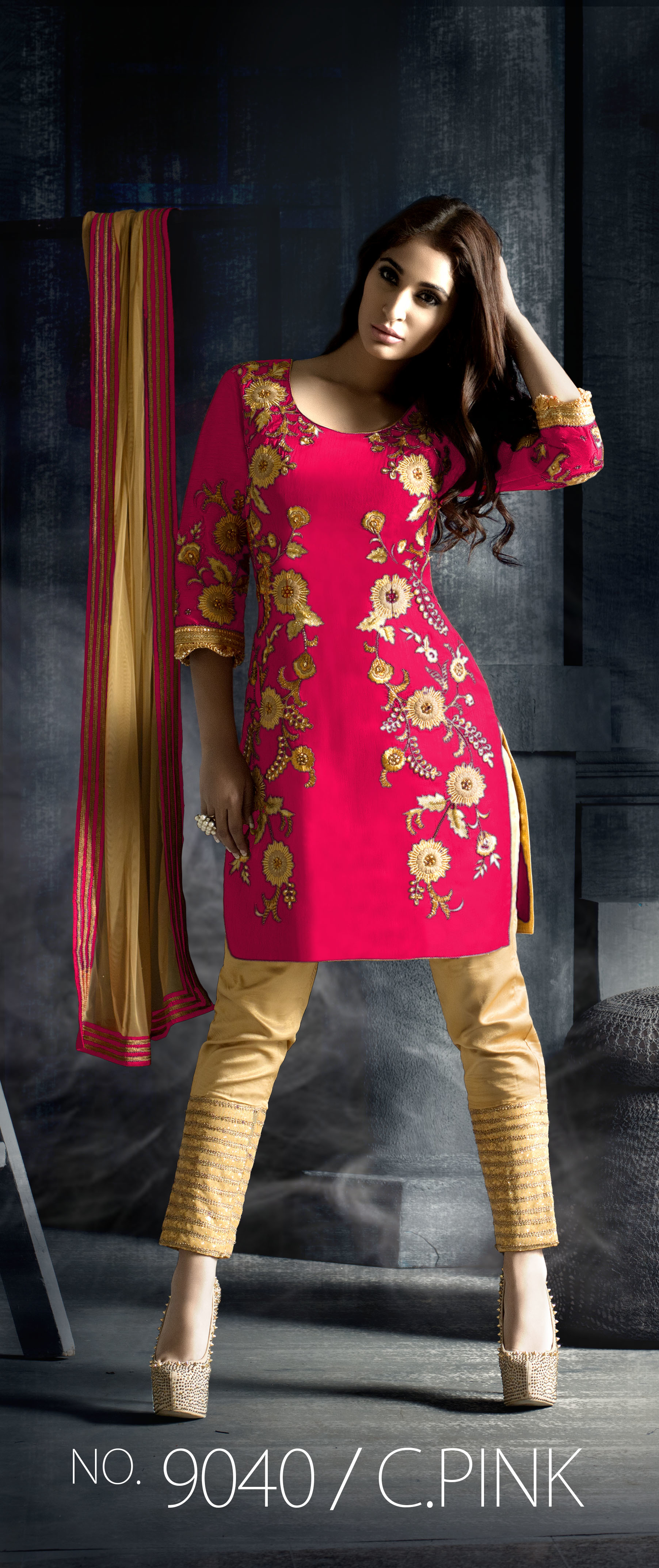 Indo Western Kurtis - Silk Blend, Knee-length, Mandarin Collar, Long Sleeves, Pink | Alluring Prints, Comfortable Wear, Elegant Look, Perfect Fit, Stylish Design