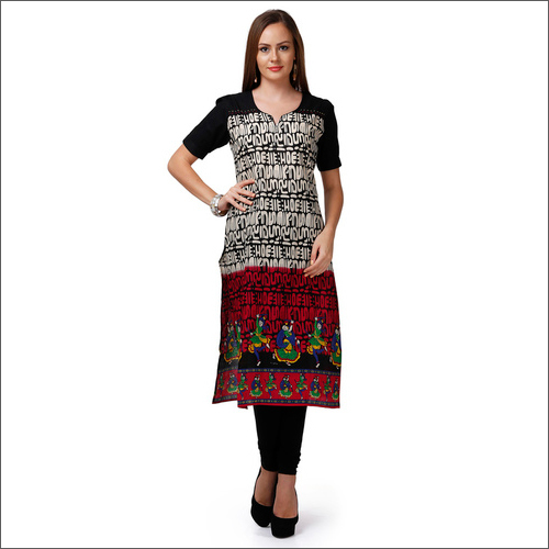 Printed Cotton Kurti - Knee-length V-neck Multicolor, Half Sleeves | Elegant Prints, Tear Resistance, Comfortable Fabric