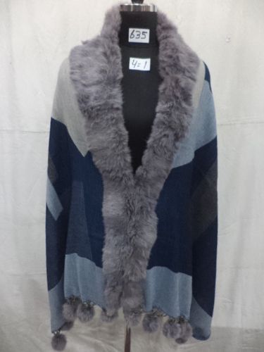 Blue Woolen Jamawar Fur Coat.