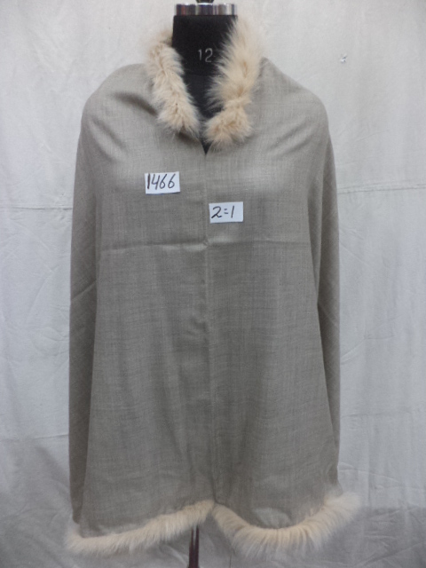 Black Merino Wool With Fur Neck And Border Poncho